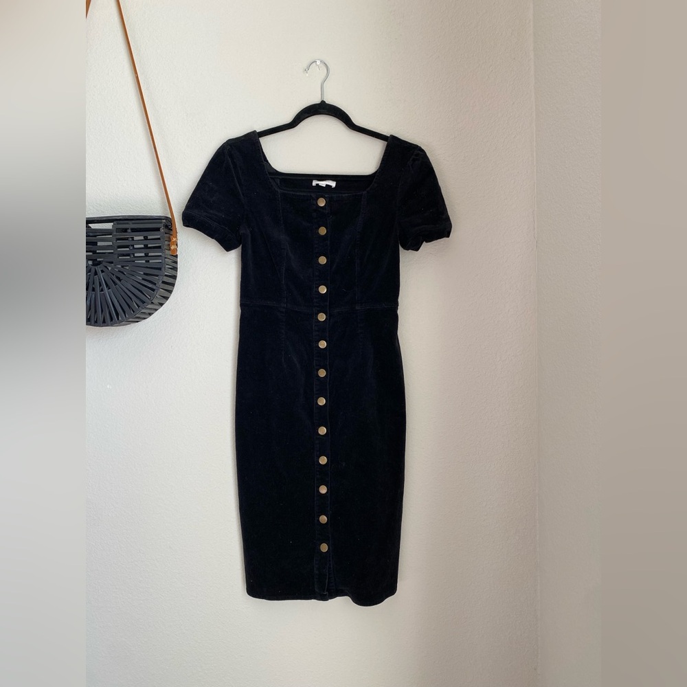 Bohme Black Corduroy Front Button Down Puff Shoulder Midi Dress, Size Small